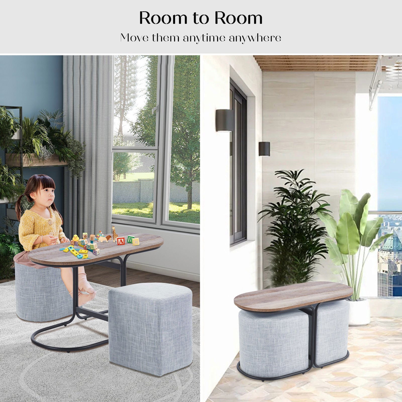 3 Piece Set Coffee Table & Ottoman Wood Side End Table Industrial - DARK GREY - Cosy Abode