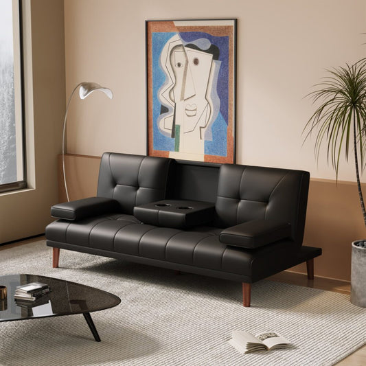 3 Seater Adjustable Sofa Bed With Cup Holder Black - Cosy Abode