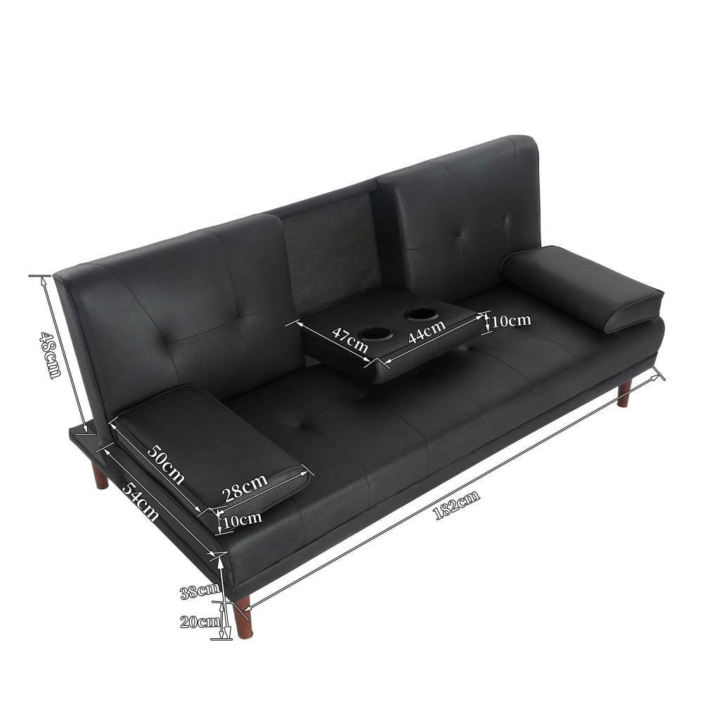 3 Seater Adjustable Sofa Bed With Cup Holder Black - Cosy Abode