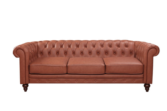 3 Seater Brown Sofa Lounge Chesterfireld Style Button Tufted in Faux Leather - Cosy Abode