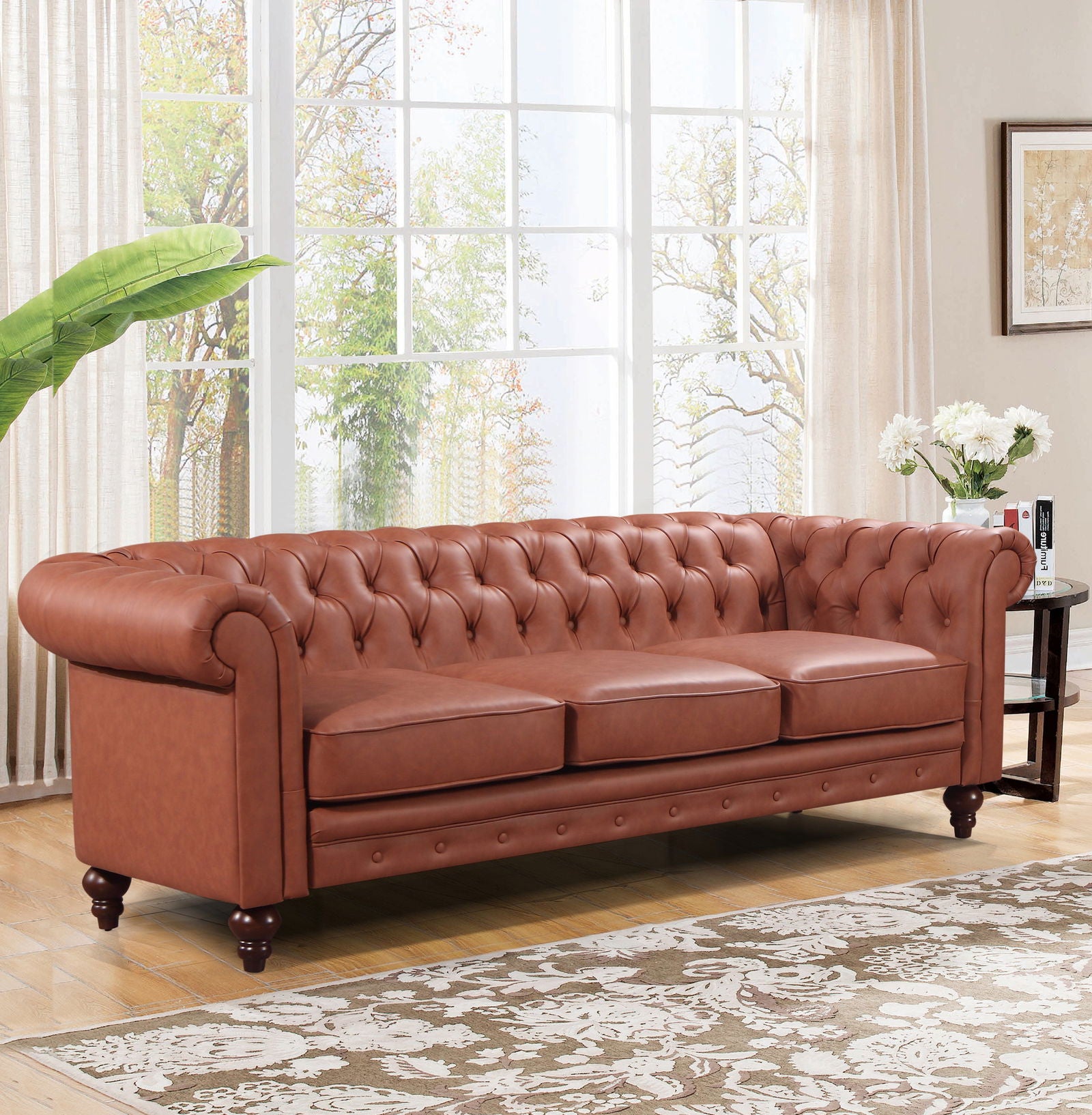 3 Seater Brown Sofa Lounge Chesterfireld Style Button Tufted in Faux Leather - Cosy Abode