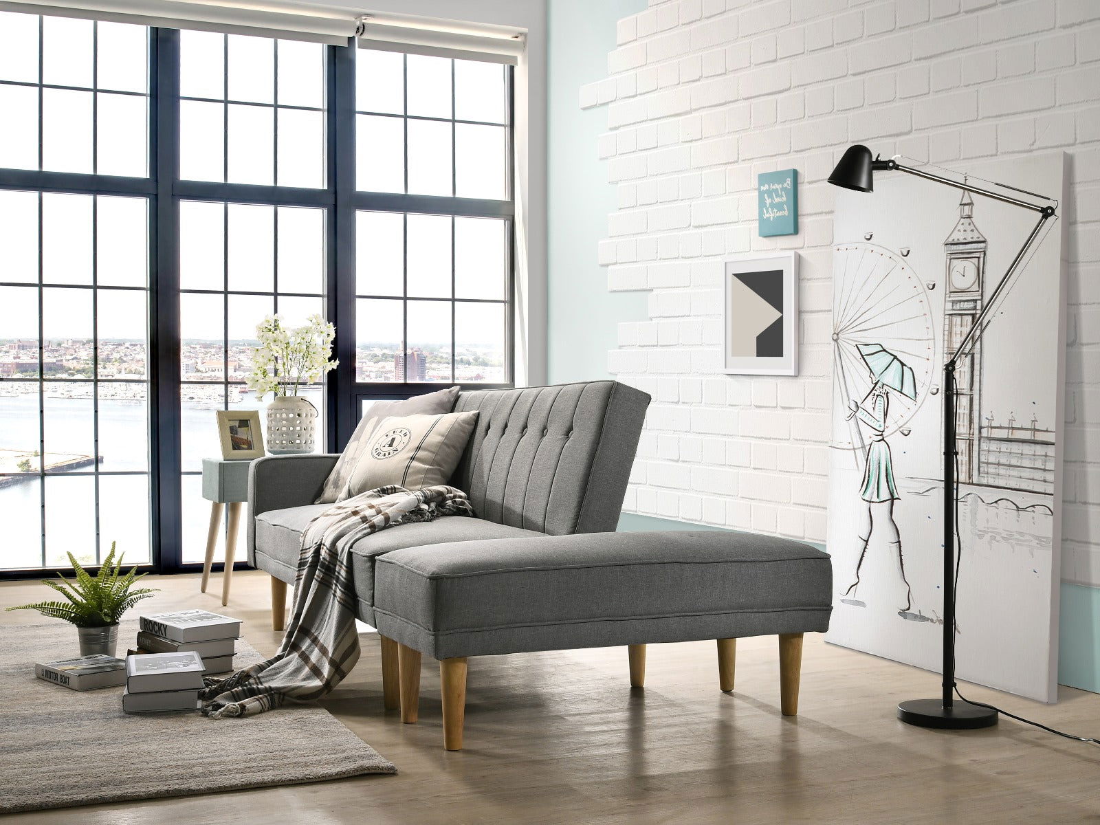3 Seater Fabric Sofa Bed with Ottoman - Light Grey - Cosy Abode