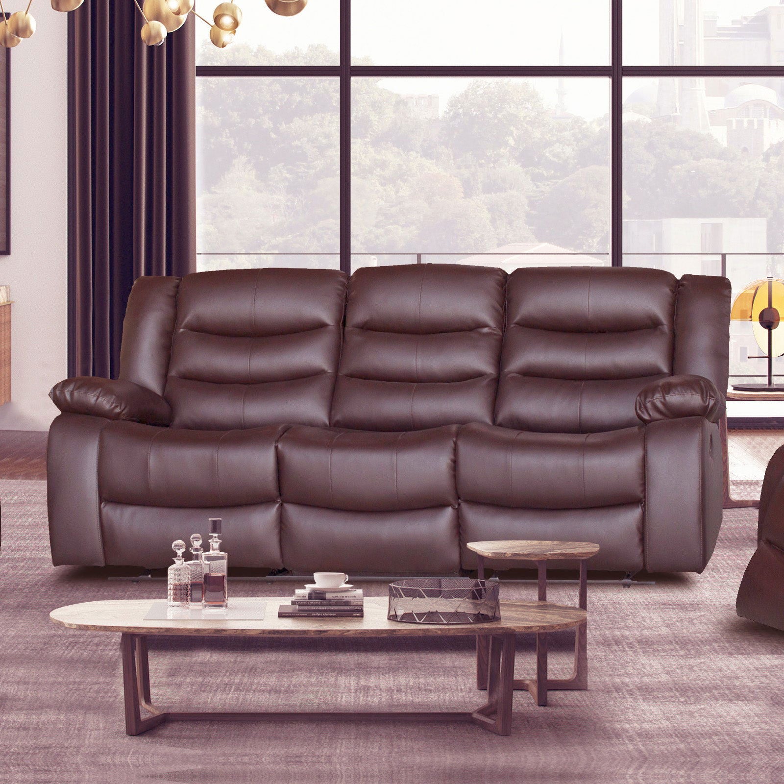 3 Seater Recliner Sofa In Faux Leather Lounge Couch in Brown - Cosy Abode