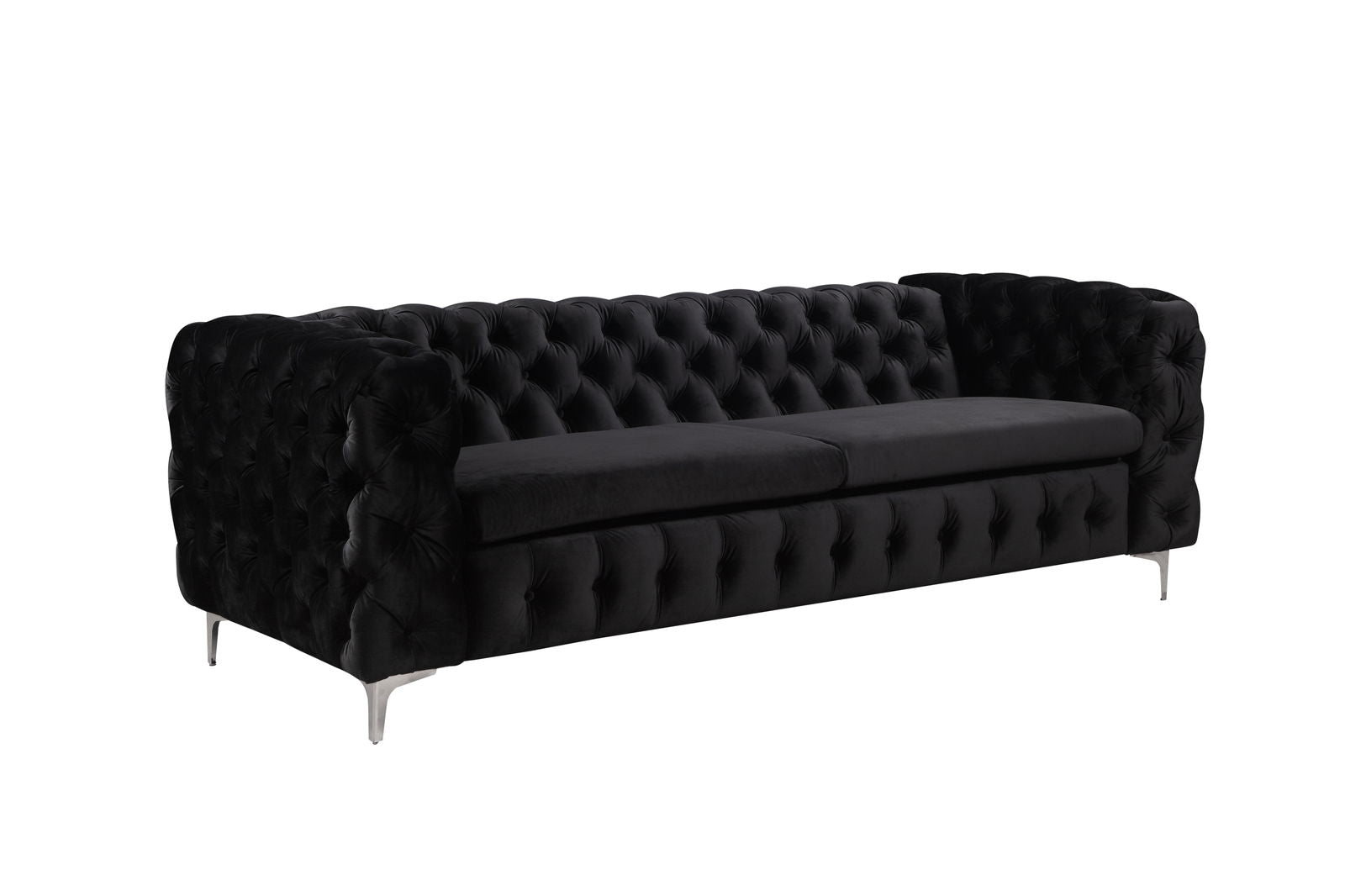 3 Seater Sofa Classic Button Tufted Lounge in Black Velvet Fabric with Metal Legs - Cosy Abode