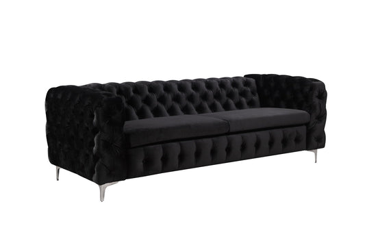 3 Seater Sofa Classic Button Tufted Lounge in Black Velvet Fabric with Metal Legs - Cosy Abode