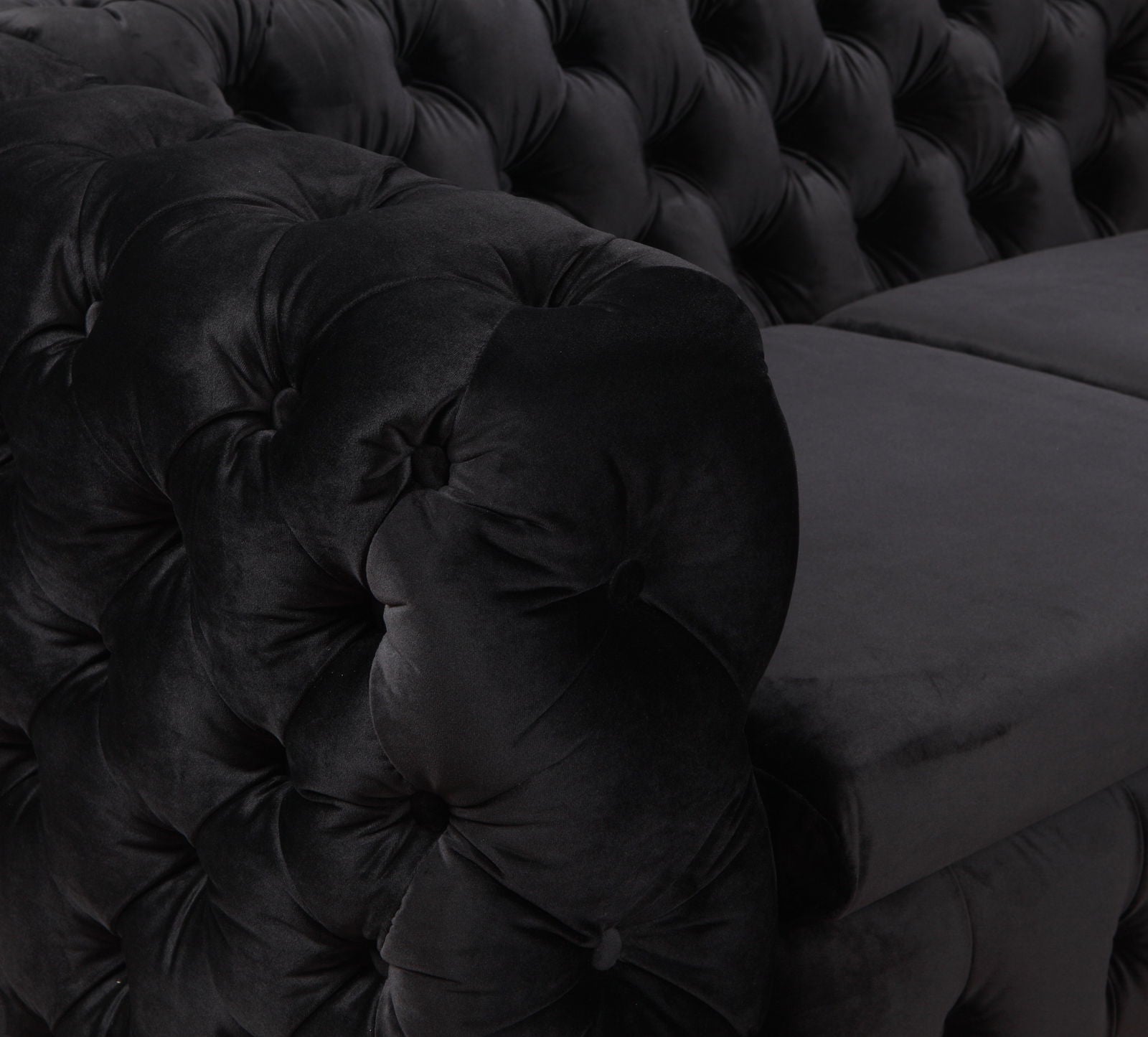 3 Seater Sofa Classic Button Tufted Lounge in Black Velvet Fabric with Metal Legs - Cosy Abode