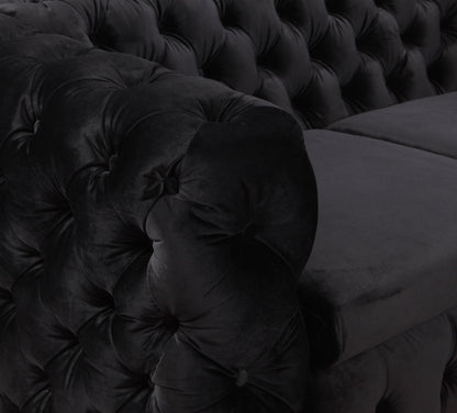 3 Seater Sofa Classic Button Tufted Lounge in Black Velvet Fabric with Metal Legs - Cosy Abode
