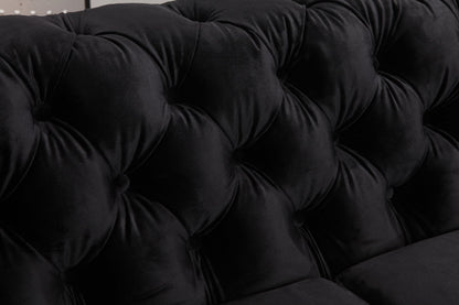 3 Seater Sofa Classic Button Tufted Lounge in Black Velvet Fabric with Metal Legs - Cosy Abode