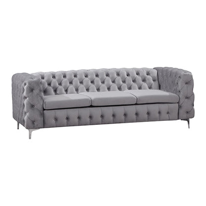 3 Seater Sofa Classic Button Tufted Lounge in Grey Velvet Fabric with Metal Legs - Cosy Abode