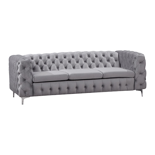 3 Seater Sofa Classic Button Tufted Lounge in Grey Velvet Fabric with Metal Legs - Cosy Abode
