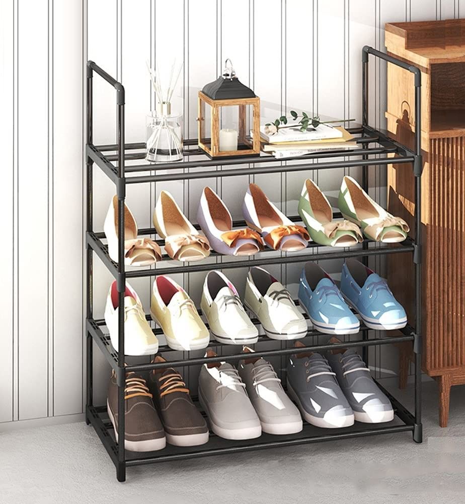 4-Tier Stainless Steel Shoe Rack Storage Organizer to Hold up to 15 Pairs of Shoes (55cm, Black) - Cosy Abode