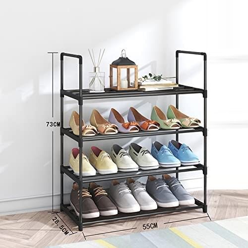 4-Tier Stainless Steel Shoe Rack Storage Organizer to Hold up to 15 Pairs of Shoes (55cm, Black) - Cosy Abode