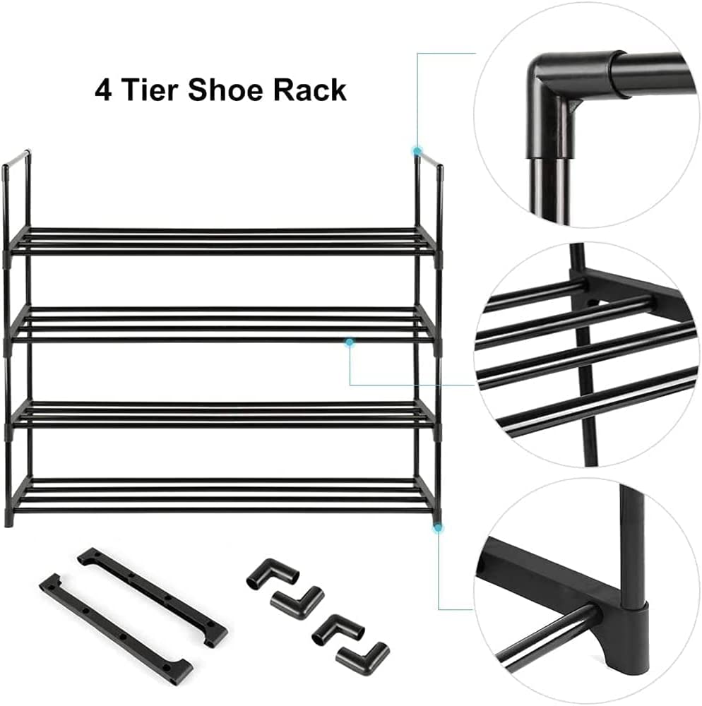 4-Tier Stainless Steel Shoe Rack Storage Organizer to Hold up to 15 Pairs of Shoes (55cm, Black) - Cosy Abode