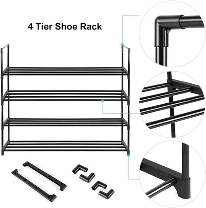 4-Tier Stainless Steel Shoe Rack Storage Organizer to Hold up to 15 Pairs of Shoes (55cm, Black) - Cosy Abode
