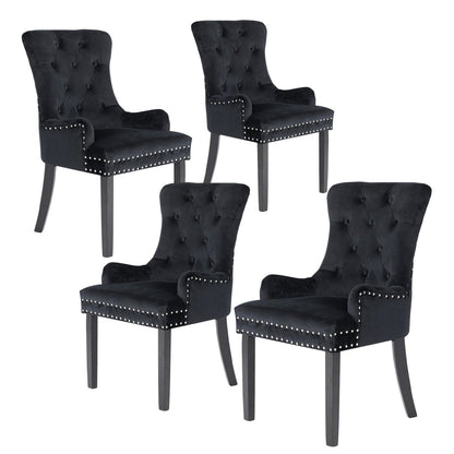 4X French Provincial Dining Chair Ring Studded Velvet Rubberwood Leg LISSE BLACK - Cosy Abode