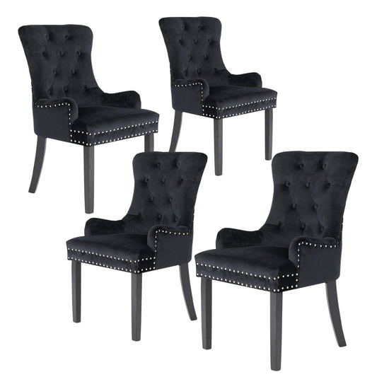 4X French Provincial Dining Chair Ring Studded Velvet Rubberwood Leg LISSE BLACK - Cosy Abode