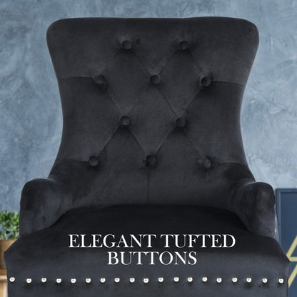 4X French Provincial Dining Chair Ring Studded Velvet Rubberwood Leg LISSE BLACK - Cosy Abode