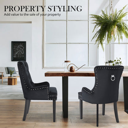 4X French Provincial Dining Chair Ring Studded Velvet Rubberwood Leg LISSE BLACK - Cosy Abode