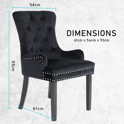 4X French Provincial Dining Chair Ring Studded Velvet Rubberwood Leg LISSE BLACK - Cosy Abode