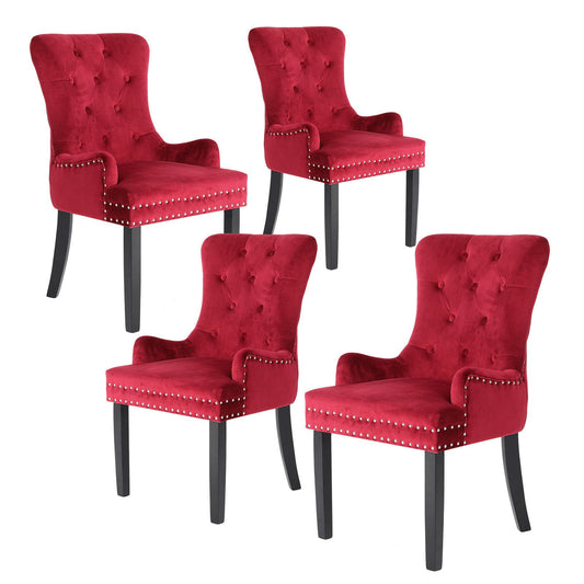 4X French Provincial Dining Chair Ring Studded Velvet Rubberwood Leg LISSE BORDEAUX RED - Cosy Abode