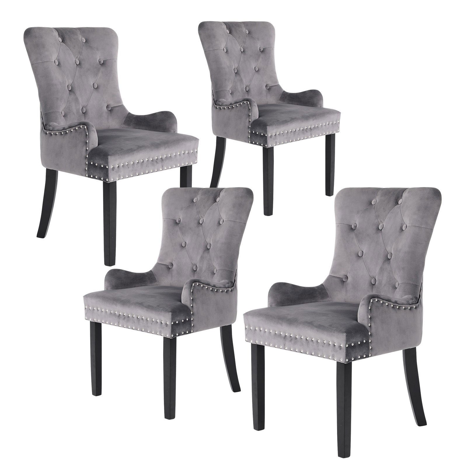4X French Provincial Dining Chair Ring Studded Velvet Rubberwood Leg LISSE GREY - Cosy Abode