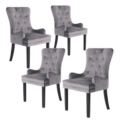 4X French Provincial Dining Chair Ring Studded Velvet Rubberwood Leg LISSE GREY - Cosy Abode
