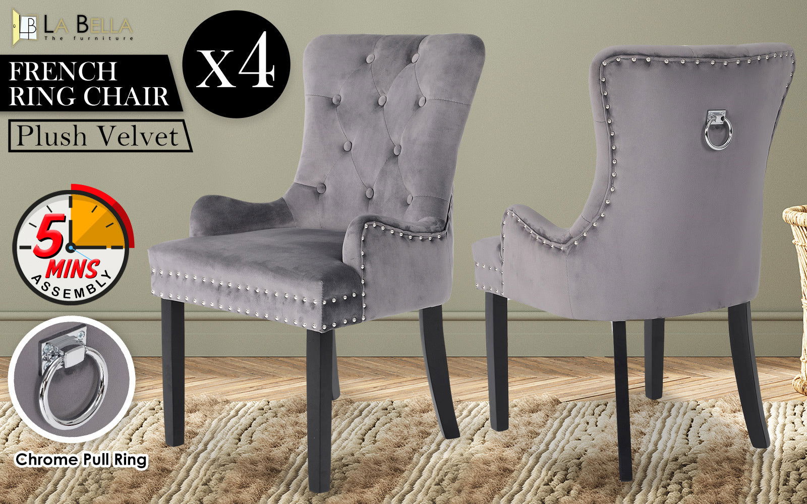 4X French Provincial Dining Chair Ring Studded Velvet Rubberwood Leg LISSE GREY - Cosy Abode