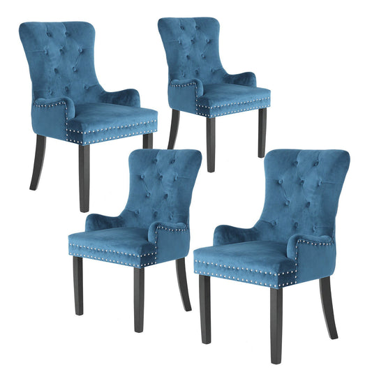 4X French Provincial Dining Chair Ring Studded Velvet Rubberwood Leg LISSE NAVY BLUE - Cosy Abode