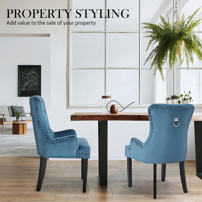 4X French Provincial Dining Chair Ring Studded Velvet Rubberwood Leg LISSE NAVY BLUE - Cosy Abode