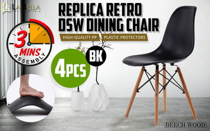 4X Retro Dining Cafe Chair DSW BLACK - Cosy Abode