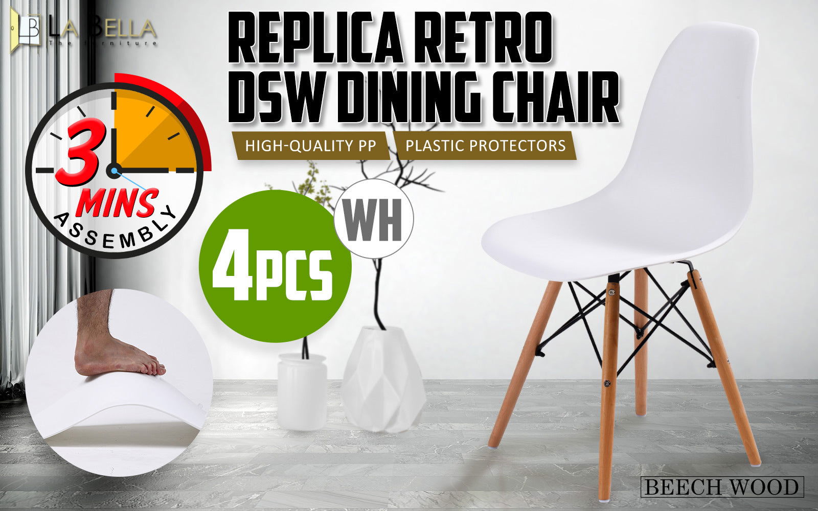 4X Retro Dining Cafe Chair DSW WHITE - Cosy Abode
