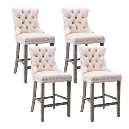 4X Velvet Bar Stools with Studs Trim Wooden Legs Tufted Dining Chairs Kitchen - Cosy Abode