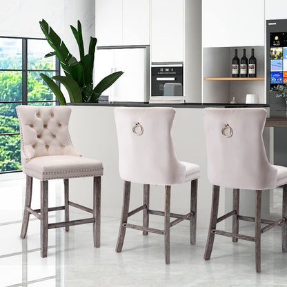 4X Velvet Bar Stools with Studs Trim Wooden Legs Tufted Dining Chairs Kitchen - Cosy Abode