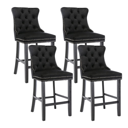 4X Velvet Bar Stools with Studs Trim Wooden Legs Tufted Dining Chairs Kitchen - Cosy Abode