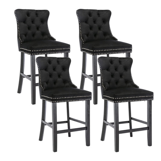 4X Velvet Bar Stools with Studs Trim Wooden Legs Tufted Dining Chairs Kitchen - Cosy Abode