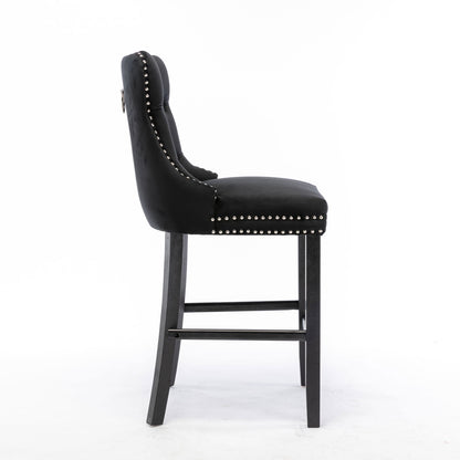 4X Velvet Bar Stools with Studs Trim Wooden Legs Tufted Dining Chairs Kitchen - Cosy Abode