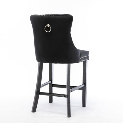 4X Velvet Bar Stools with Studs Trim Wooden Legs Tufted Dining Chairs Kitchen - Cosy Abode