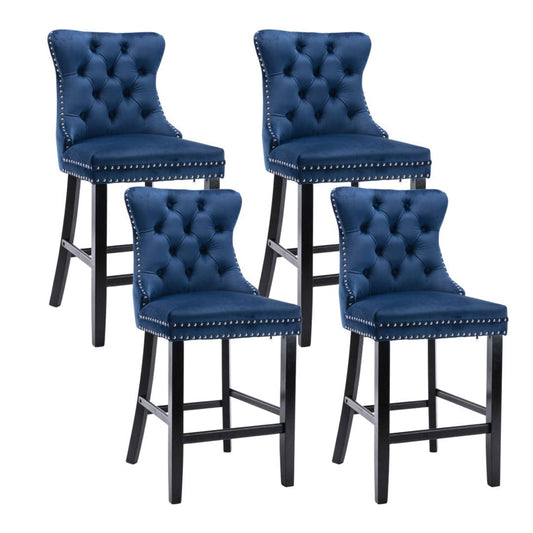4X Velvet Bar Stools with Studs Trim Wooden Legs Tufted Dining Chairs Kitchen - Cosy Abode