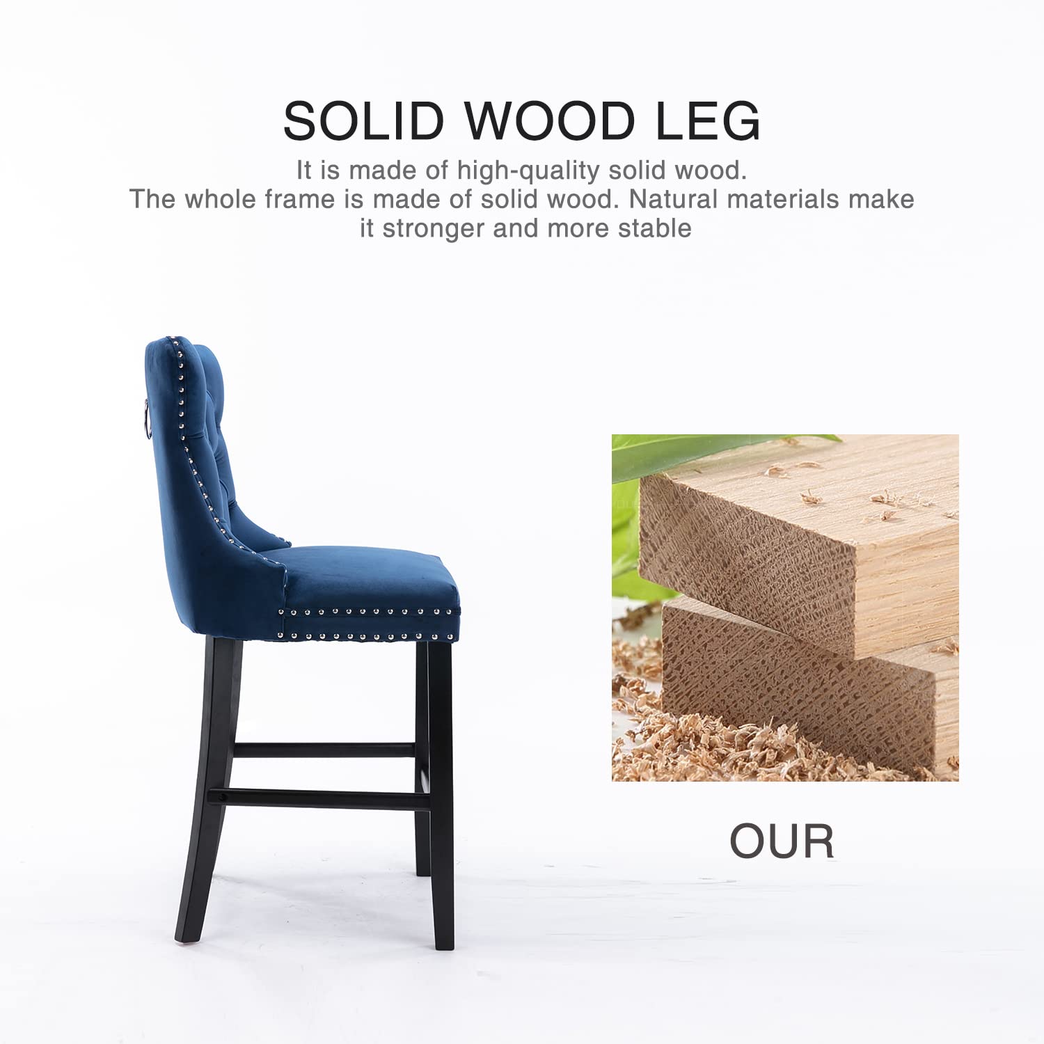 4X Velvet Bar Stools with Studs Trim Wooden Legs Tufted Dining Chairs Kitchen - Cosy Abode