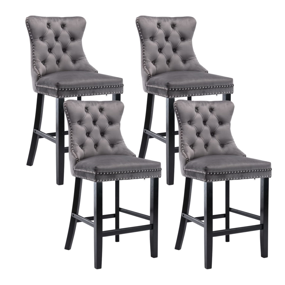 4X Velvet Bar Stools with Studs Trim Wooden Legs Tufted Dining Chairs Kitchen - Cosy Abode