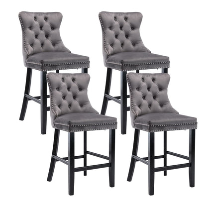 4X Velvet Bar Stools with Studs Trim Wooden Legs Tufted Dining Chairs Kitchen - Cosy Abode