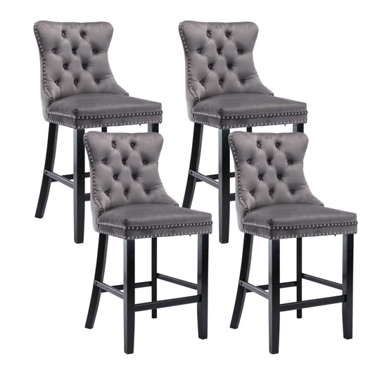 4X Velvet Bar Stools with Studs Trim Wooden Legs Tufted Dining Chairs Kitchen - Cosy Abode