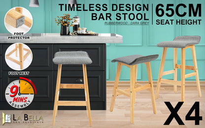 4X Wooden Bar Stool Dining Chair Fabric DARA 65cm GREY - Cosy Abode