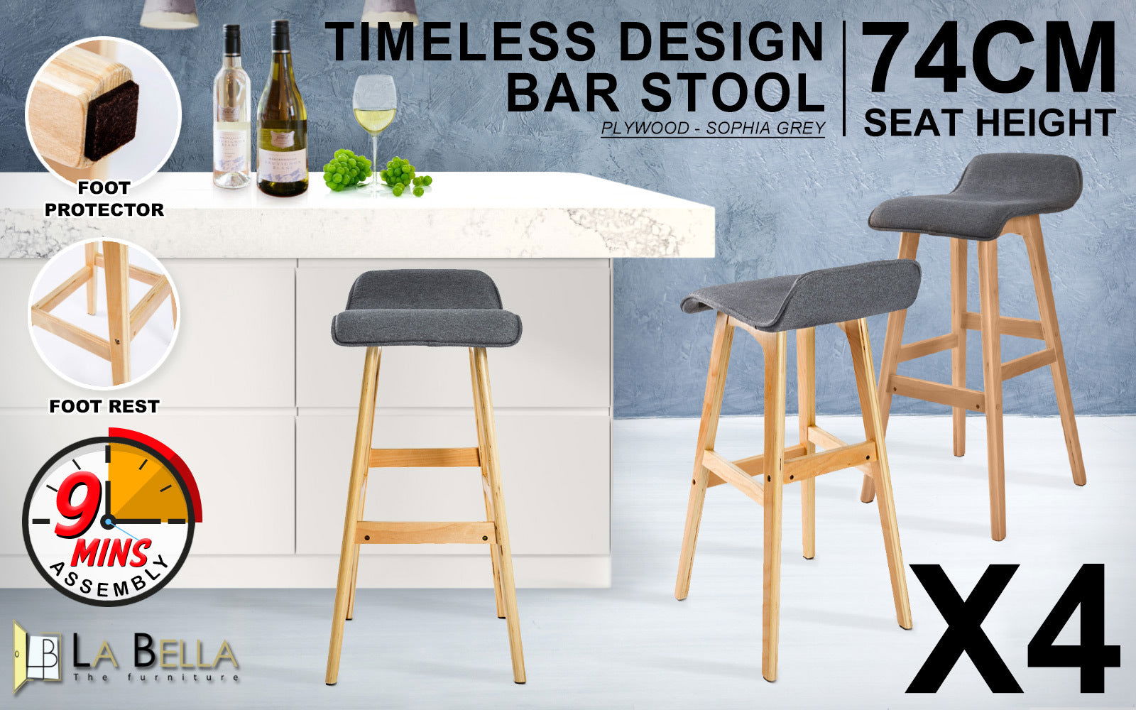 4X Wooden Bar Stool Dining Chair Fabric SOPHIA 74cm GREY - Cosy Abode