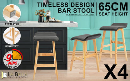 4X Wooden Bar Stool Dining Chair Leather DARA 65cm BLACK - Cosy Abode