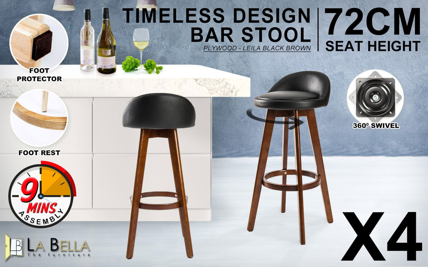 4X Wooden Bar Stool Dining Chair Leather LEILA 72cm BLACK BROWN - Cosy Abode