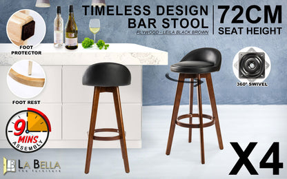 4X Wooden Bar Stool Dining Chair Leather LEILA 72cm BLACK BROWN - Cosy Abode