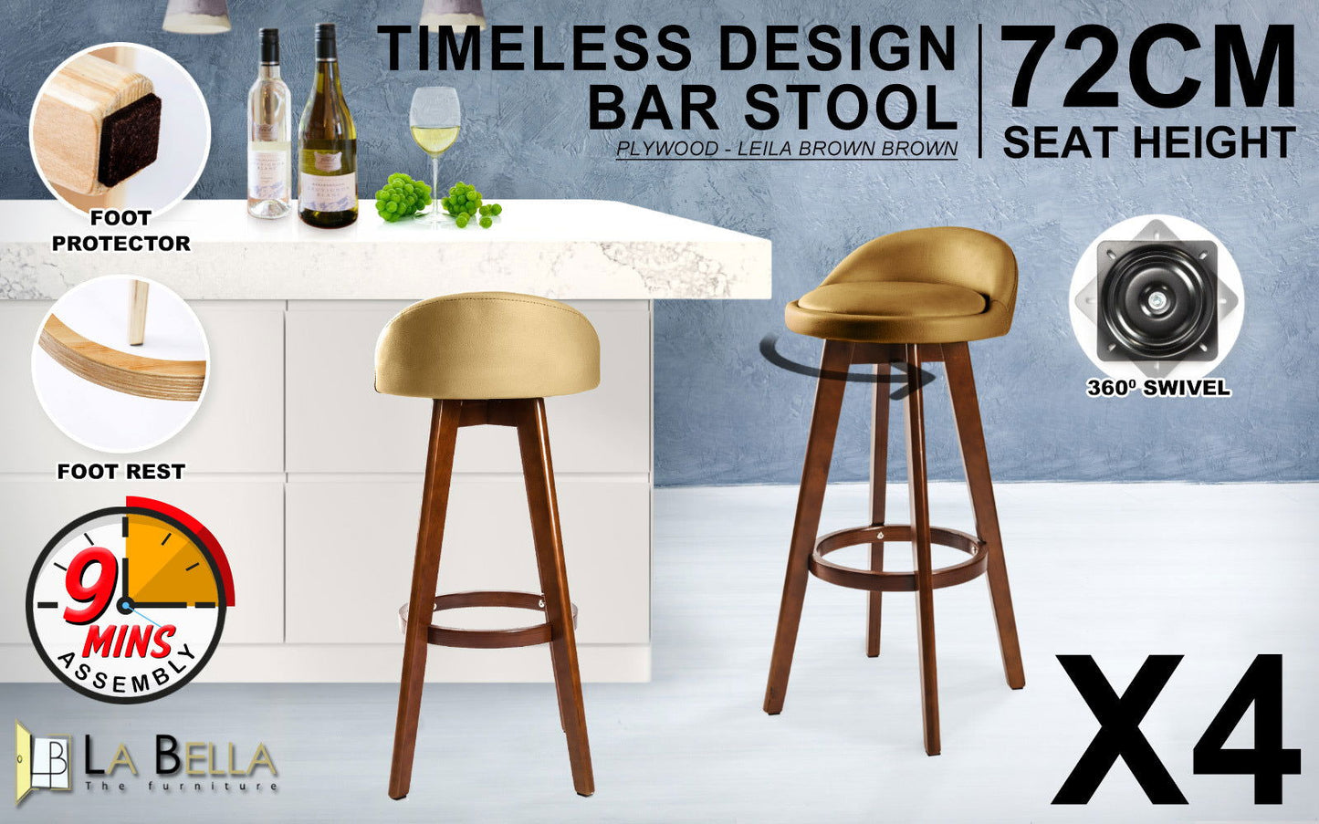 4X Wooden Bar Stool Dining Chair Leather LEILA 72cm COFFEE BROWN - Cosy Abode
