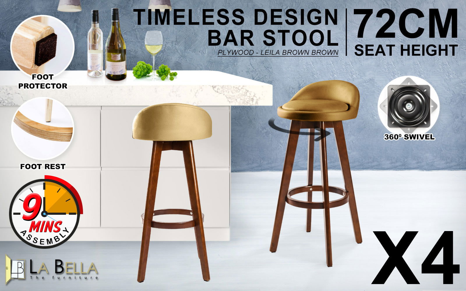 4X Wooden Bar Stool Dining Chair Leather LEILA 72cm COFFEE BROWN - Cosy Abode