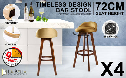 4X Wooden Bar Stool Dining Chair Leather LEILA 72cm COFFEE BROWN - Cosy Abode